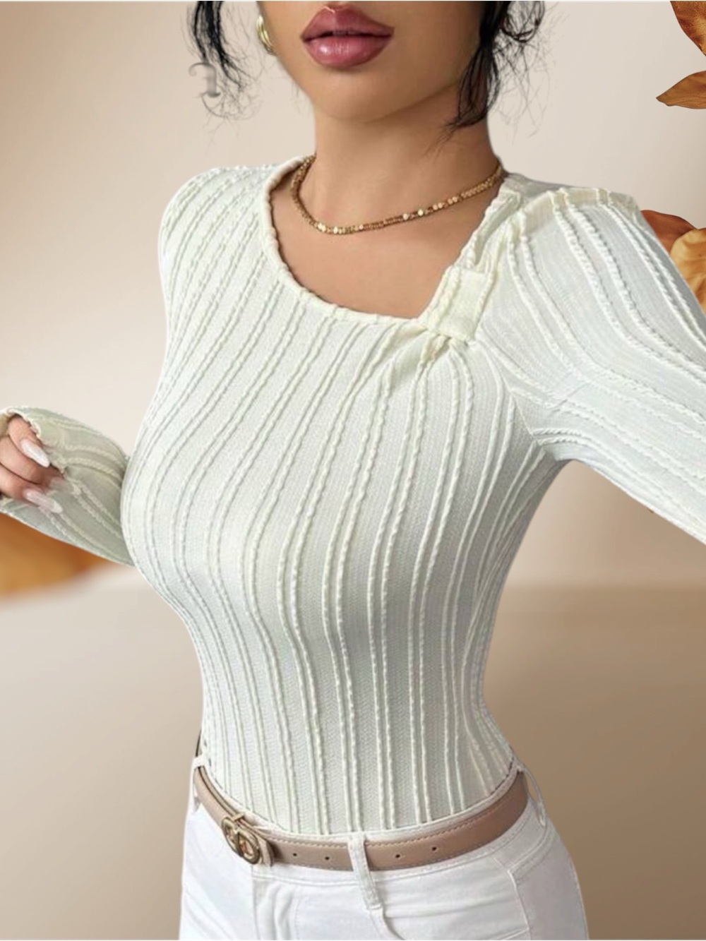 Ribbed Long-Sleeve Crewneck Top in Ivory bodysuit